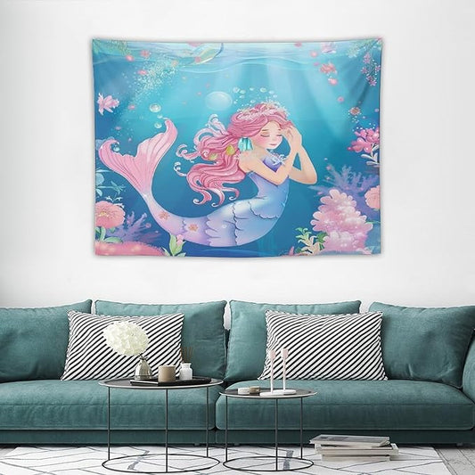 HZOHNAGO Mermaid Girls Tapestry Watercolor Flowers Mermaid Princess Blessing Pattern for Kids Room Decoration Printed Wall Tapestry Wall Hanging for Bedroom Living Room Dorm 40" W x 30" H
