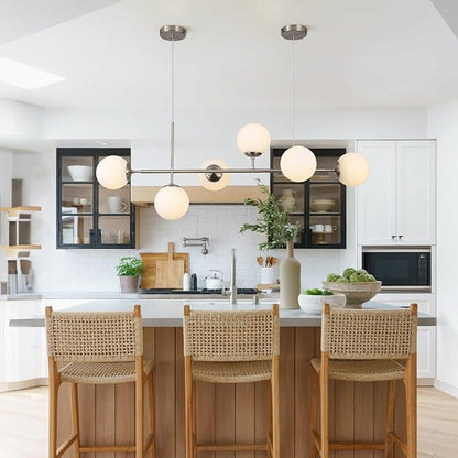 KCO Modern Silver Milk Glass Pendant Light 6 Light Pendant Light Fixture Chandelier Brushed Nickel Chandelier Modern Hanging Linear Light Fixture for Dining Room Kitchen Island