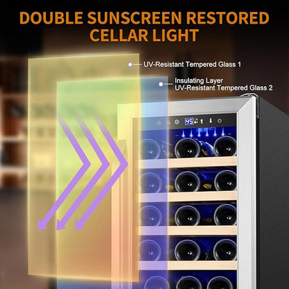 15 Inch Wine Fridge 32 Bottles Wine Cooler Refrigerator Undercounter Wine Fridge with Glass Door, LED Light, Removable Wooden Shelves, Built-in or Freestanding Wine Refrigerator for Home Office Bar