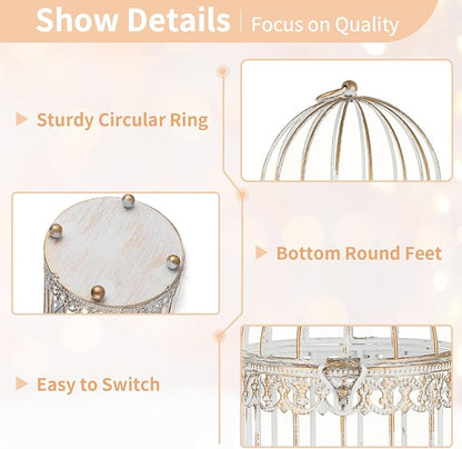 NUPTIO Candle Holders for Pillar Candles: 2 Set of 7.7 inch H Antique White Bird Cages Lantern Wedding Centerpiece Small Metal Hanging Pillars Holder for Bridal Shower Party Table Decorations