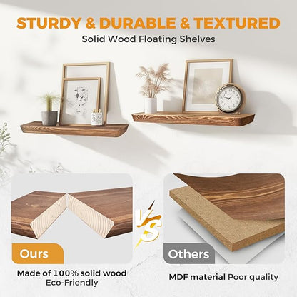 24"x6.8"x1.6" Slanted Floating Wall Shelves 2-Pack - Rustic Brown Finish, Heavy-Duty Solid Wood Design with Hidden Brackets - Perfect for Living Room, Kitchen, Bathroom, or Office