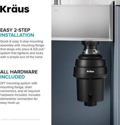 KRAUS WasteGuard 1 HP Ultra-Quiet Garbage Disposal with Quick Connect, Kitchen Sink Drain Cover, Power Cord and Flange Included, KWD100-100MBL