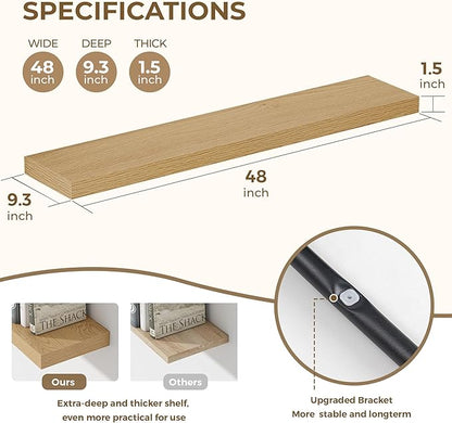 Dreamland 48 Inches Floating Shelves for Wall, 9.3" Deep Long Floating Shelves Set of 1, Large Display & Storage Shelf, Wall Shelf for Bathroom Bedroom Living Room Kitchen Office, Oak