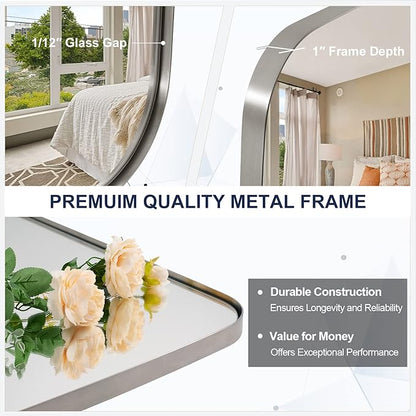 ANDY STAR Brushed Nickel Mirror, 30x48’’ Brushed Nickel Bathroom Oval Mirror with Stainless Steel Metal Frame, Silver Oblong Mirrors Wall Mounted for Bedroom, Living Room Decor
