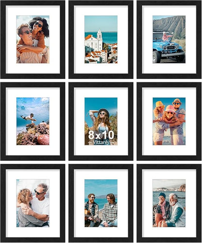 Vittanly 8x10 Picture Frames Set of 9, Shatter Resistant Plexiglass, Display 5x7 Pictures with Mat or 8x10 without Mat, Photo Frames for Wall or Tabletop, Engineered Wood, Black