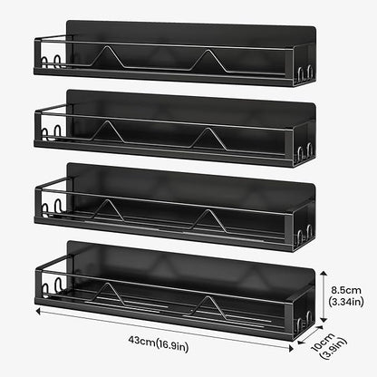 16.9 Inch Wide Large Capacity Magnetic Spice Rack for Refrigerator, 4 Pack Metal Fridge Shelf, Black