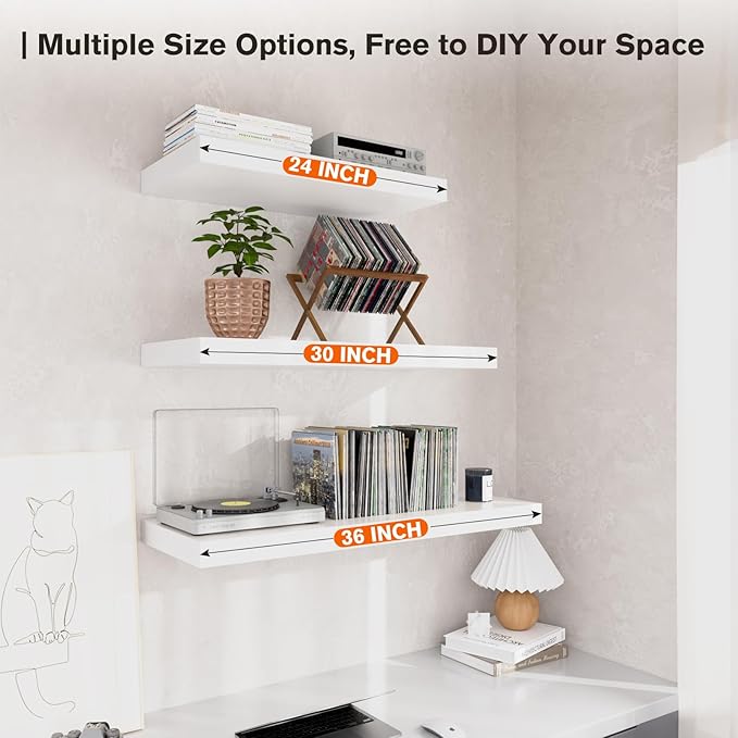 Large Floating Shelves for Wall Set of 2 Wooden Wall Shelves 36 in x 12.75 in x 2 in Room Decor Long Shelf with Invisible Wall Mount Bracket for Bedroom Kitchen Living Room White