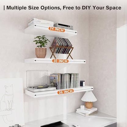 Large Floating Shelves for Wall Set of 3 Wooden Wall Shelves 36 in x 12.75 in x 2 in Room Decor Long Shelf with Invisible Wall Mount Bracket for Bedroom Kitchen Living Room White