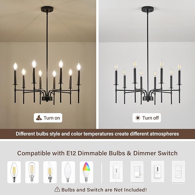 8 Light Black Chandelier Light Fixture, Modern Farmhouse Chandeliers for Dining Room Light Fixture, Metal Candle Pendant Chandelier for Foyer Entryway Stairs Living Room Bedroom Kitchen