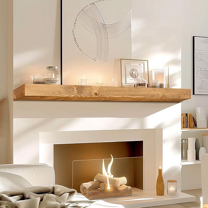 48x7x3 Fireplace Mantel - Solid Rustic Wood - Wall Mounted Floating Shelf with Invisible Heavy Duty Steel Bracket (Natural Wood)