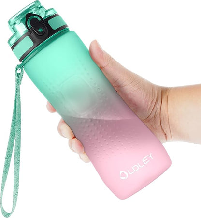 OLDLEY 25 oz Motivational Water Bottle, Sports Water Bottle with Strap, Leakproof BPA Free Large Water Bottles for School, Gym, Travel, Outdoor, Tritan, Green&Pink