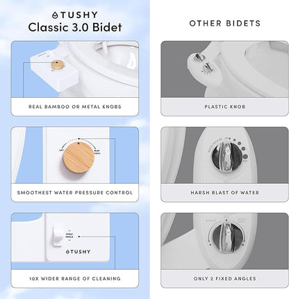 TUSHY Classic 3.0 Non-Electric Bidet Attachment | Self Cleaning Sprayer, Adjustable Water Pressure Nozzle, Angle Control. Fast & Easy DIY Installation. Universal Slim Fit. (Blue/Bamboo)