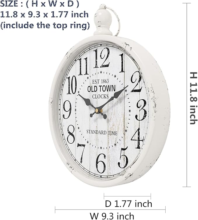 Menterry Retro Round Wall Clock. White Vintage Antique Style. Battery Operated Silent Wall Clocks for Farmhouse,Bathroom,Kitchen,Bedroom,Office, (11.8" H x 9.3" W)