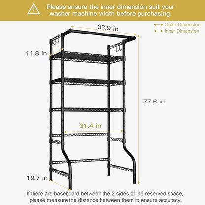 Ulif U11 Over Washer and Dryer Shelves, 3 Tiers Laundry Room Storage and Organizer Standing Shelf, Metal Freestanding Clothes Drying Rack, 33.9" W x 19.7" D x 77.6" H, Black
