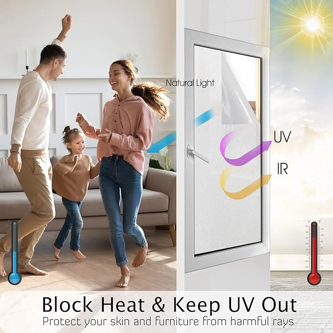 HIDBEA Frosted Window Privacy Film Heat Control UV Blocking, Static Cling Non-Adhesive Reusable Door coverings for Bathroom Home Office (Frosted, 23.6 Inch x 6.5 Feet)