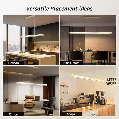 40W Gold Linear Pendant Light Aluminum, 54" Dimmable Kitchen Island Lighting with Remote & App Control, Adjustable CCT (3000K-6000K), Dining Room Chandelier for Home Office Study