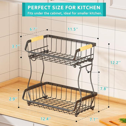 2 Tier Fruit Basket with 2 Banana Hangers, Detachable Countertop Fruit Bowls for Kitchen Counter, Metal Wire Fruit Vegetable Storage Holder Stand with Wooden Handles for Bread, Snacks, Veggies