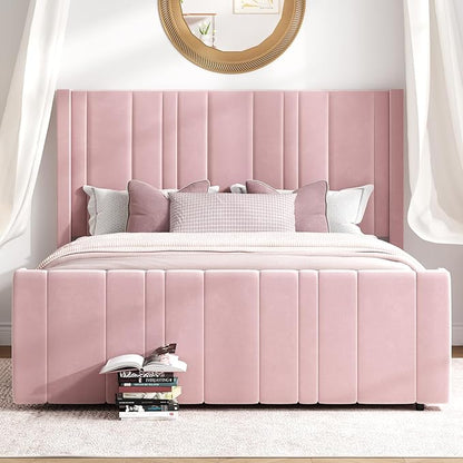 HOMBCK Pink Full Size Bed Frame Upholstered Bed with Velvet Tufted Headboard & Footboard, Mattress Foundation/Wooden Slats/Noise Free/No Box Spring Needed/Easy Assembly