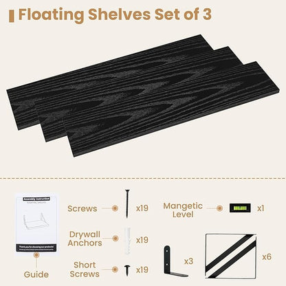 Heimlove 36 Inch Black Floating Bookshelves Set of 3,Heavy Duty Wall Mounted Bookshelves,Bookshelf for Living Room,Bedroom,Kitchen,Laundry Room Storage & Decor