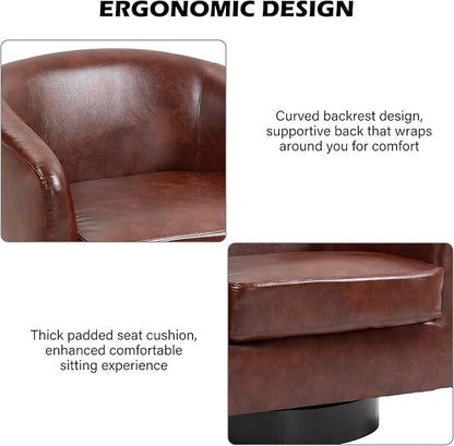 Swivel Barrel Accent Chair, Modern Round Faux Leather Arm Chair for Living Room, Bedroom, Comfy Club Reading Chairs for Adults(Faux Leather, Red Brown, Set of 2)