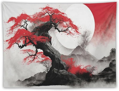 Cherry Blossoms Tapestry, Japanese Red Landscape Asian Abstract Art, Bedroom Living Room Decor 40"x30"