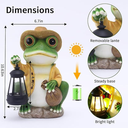 Solar Garden Outdoor Frog Statue 10 inches Tall - with Handheld Lanterns - Detachable - Patio, Balcony, Shelf, Tabletop, Lawn Decoration - Unique Housewarming, Birthday, Thanksgiving, Mom Gifts