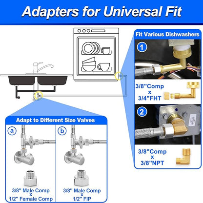 Dishwasher Installation Kit - 8 FT Stainless Steel Dishwasher Hose with 3/8" Compression Connections,Food Grade PEX Inner Tube Dishwasher Water Supply Line with Elbows,Adapters and 6 FT Power Cord