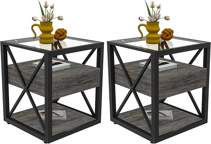 Farmhouse End Table Set of 2, Modern Side Table with Drawer&3-Tier Storage Shelf, Square Rustic Nightstand, Accent Tea Table, for Bedroom Office Living Room, Grey, Natural Wood, Glass, Metal