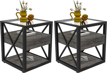 Farmhouse End Table Set of 2, Modern Side Table with Drawer&3-Tier Storage Shelf, Square Rustic Nightstand, Accent Tea Table, for Bedroom Office Living Room, Grey, Natural Wood, Glass, Metal