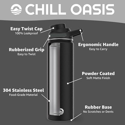Chill Oasis Water Bottle | Compatible With Popular Flavor Cartridges | BPA Free, Leak Proof, Double-Walled Vacuum Insulated Stainless Steel, and Dishwasher Safe | Cold for 24 Hours (Black, 22oz)