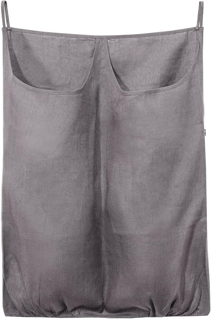 100% Pure Linen Dual Hanging Laundry Bag with 2 Deep Pocket and 2 Side Zipper 20x27in, Over The Door Laundry Hamper Space Saving Hampers for Dirty Clothes Home Travel, Grey