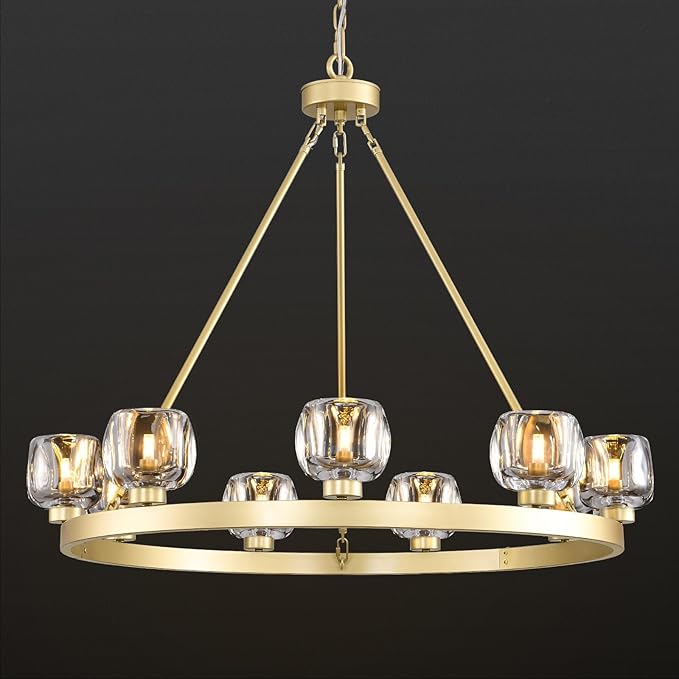 Gold Wagon Wheel Chandelier, 36 Inch Brass Chandeliers with Unique Glass Shade, 9-Light Crystal Farmhouse Wagon Wheel Chandeliers for Dining Room, Round Chandelier for Living Room, Foyer, Entryway