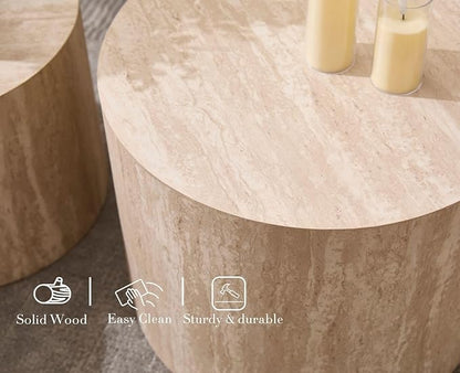 CIMOTA Round Wood Nesting Coffee Table Set of 2, Modern Circle Travertine End Side Table Sets for Living Room, Light Wooden Color/No Assembling