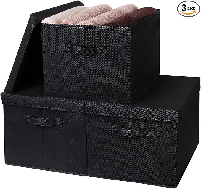 WUIKE Closet Storage Bins with Lids, Foldable Fabric Clothes Storage Bins for Organizing, Closet Organizer Boxes for Shelves, Black, Extra Large, 3-Pack