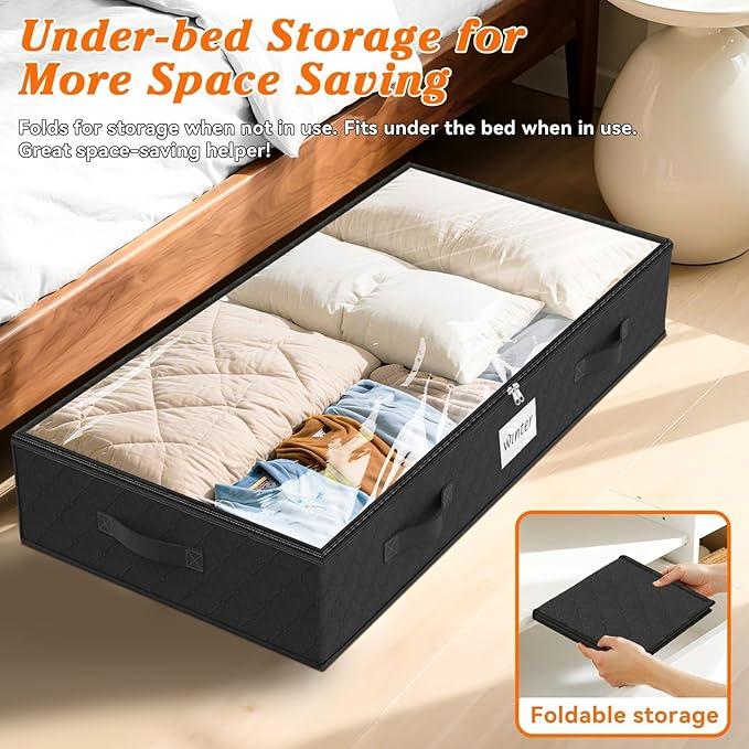 SpaceWhisper 90L Under Bed Storage Containers, 8-Pack Storage Bins with Clear Top, Foldable Closet Organizers and Storage with Label Holder for Clothing, Blankets, Comforter & Pillows(Black)