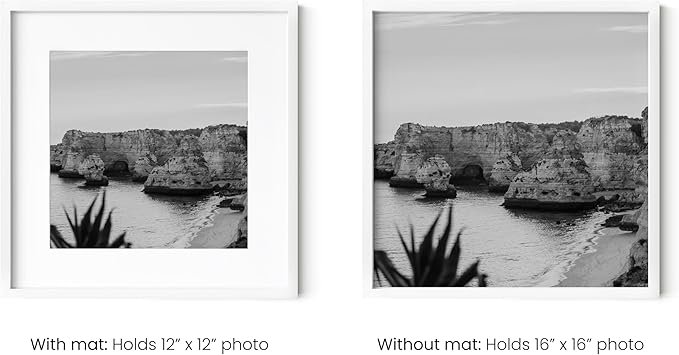 HAUS AND HUES 16x16 White Metal Picture Frames Matted to 12x12 - Features Premium Aluminum & Hanging Hardware, Shatterproof Plexiglass - Ideal for Home, Room, Office (16x16 in, White, Set of 4)