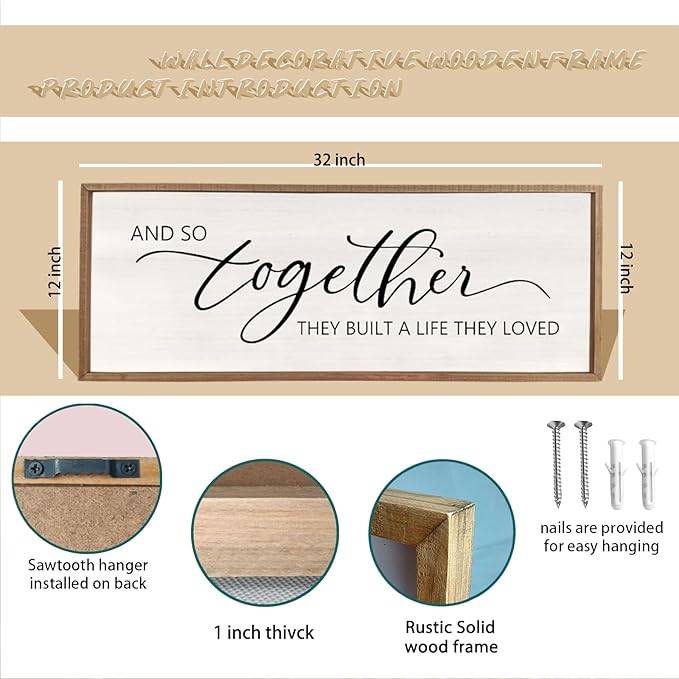 And So Together They Built A Life They Loved Framed Wood Farmhouse Sign - 32'X12' Master Bedroom Above Bed Wall Art for Love Sign Decor