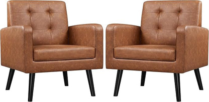 Yaheetech Mid-Century Accent Chairs, PU Leather Modern Upholstered Living Room Chair, Cozy Armchair Button Tufted Back and Wood Legs for Bedroom/Office/Cafe, Retro Brown 2 PCS