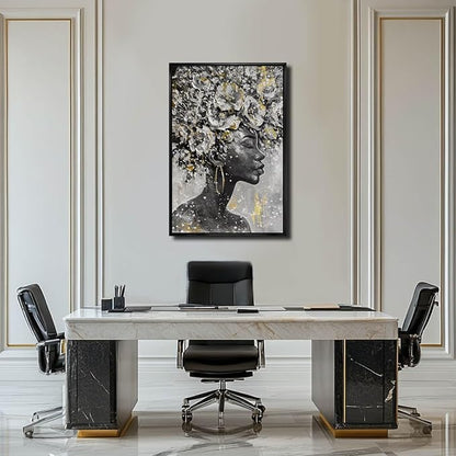 MLART99 Gold African American Wall Art Black Woman Wall Decor with Frame Vertical Floral Canvas Painting Modern Print Bedroom Living Room Decor 24x36 Inch