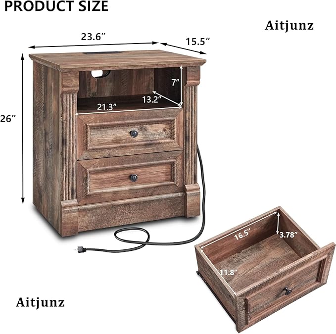 26" Tall Farmhouse Nightstand Set of 2, 2 Drawers End Table w/Charging Station, 23.6" Wide Large Side Table w/Roman Column, Wood Rustic Sofa Table w/Open Shelf, Bedside Table for Bedroom, Light Brown