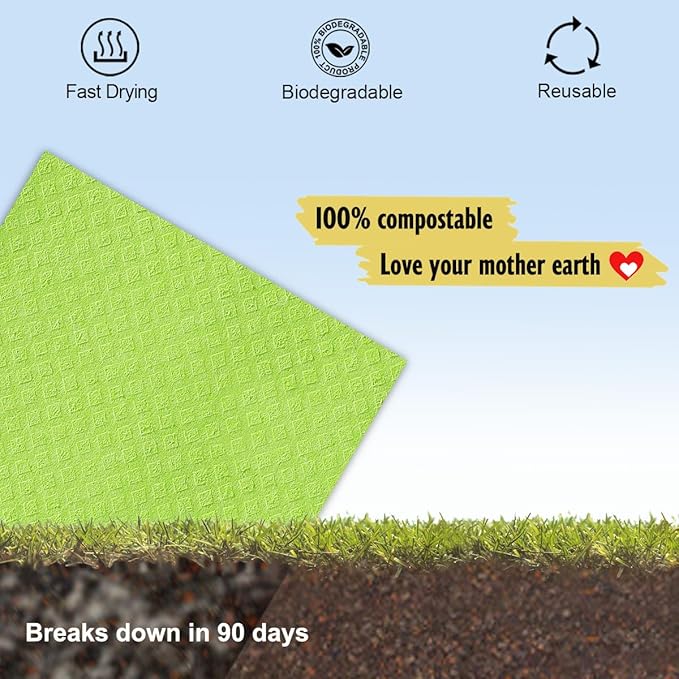 Swedish Dishcloths for Kitchen | 10 Pack Cellulose Sponge Dish Cloths Washable | Non-Scratch Reusable Towels Rags Ultra-Absorbent Cleaning Cloths Quick Drying