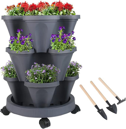 Vertical Planter 3 Tier Stackable Planters Garden Planters Strawberry Herb Flower and Vegetable Planter Indoor Outdoor Gardening Pots with Removable Wheels and Tools