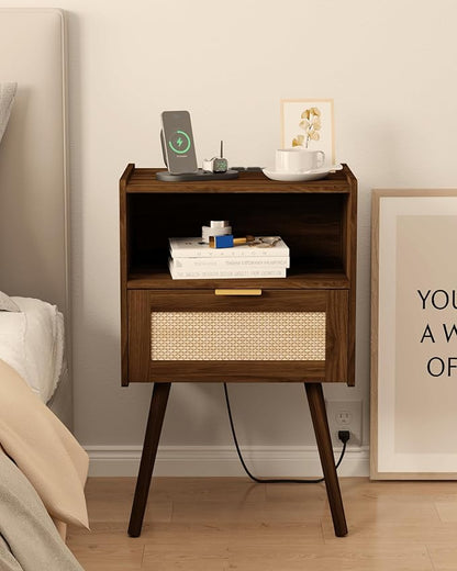 Rattan Nightstand with Outlet,Modern Bedside Table with Storage Drawer and Open Wood Shelf, for Living Room, Bedroom and Small Spaces, Accent Night Stand with Solid Wood Legs,Walnut Brown