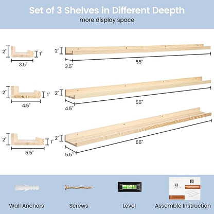 Pine Wood Nursery Book Shelves 3 Pack, Floating Ledge Shelves for Kids' Room, Bedroom, Bathroom, Long Floating Shelves for Wall, Natural
