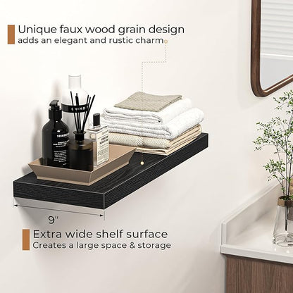 Floating Shelves - 2 Pack 9 Inch Rustic Wooden Wall Shelves - Extra Deeper & Thicker Wall Mounted Storage Shelf for Living Room, Kitchen, Farmhouse - 24" W x 9" D x 1.6" H - Rustic Black