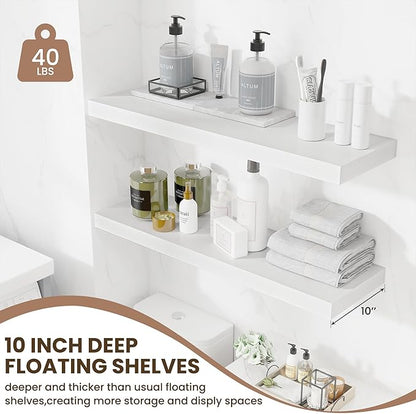 Floating Shelves Set of 2, 36 Inch Long Wooden Wall Shelves, 10 Inch Deep Wall Mounted Storage Shelf with Metal Brackets for Living Room, Bathroom, Bedroom and Kitchen, White