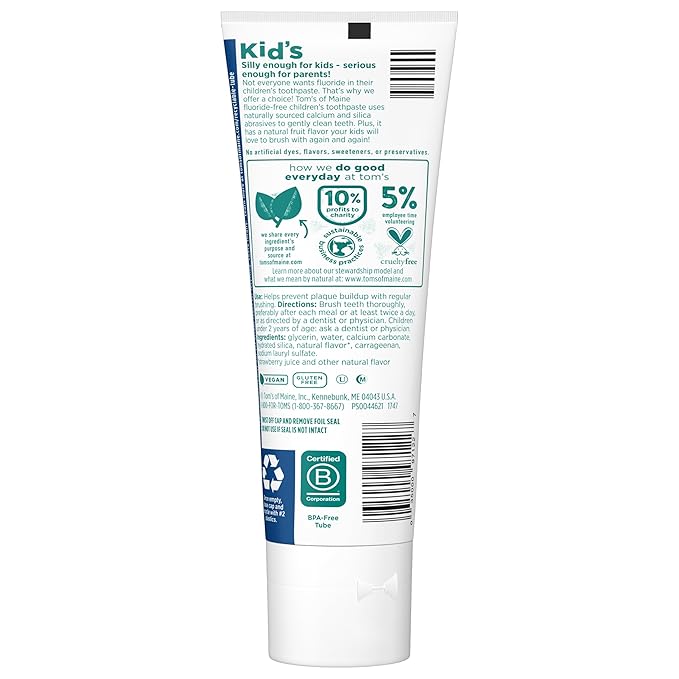 Tom's of Maine Natural Kid's Fluoride Free Toothpaste, Ages 2+, Silly Strawberry, 5.1 oz. 3-Pack (back in original formula)