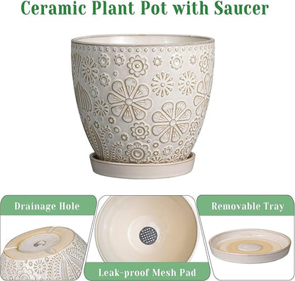 10 Inch Ceramic Planter Pot Large Plant Pot for Indoor Plants Outdoor Round Flower Pot with Drainage Hole and Saucer for Home Garden Decor White