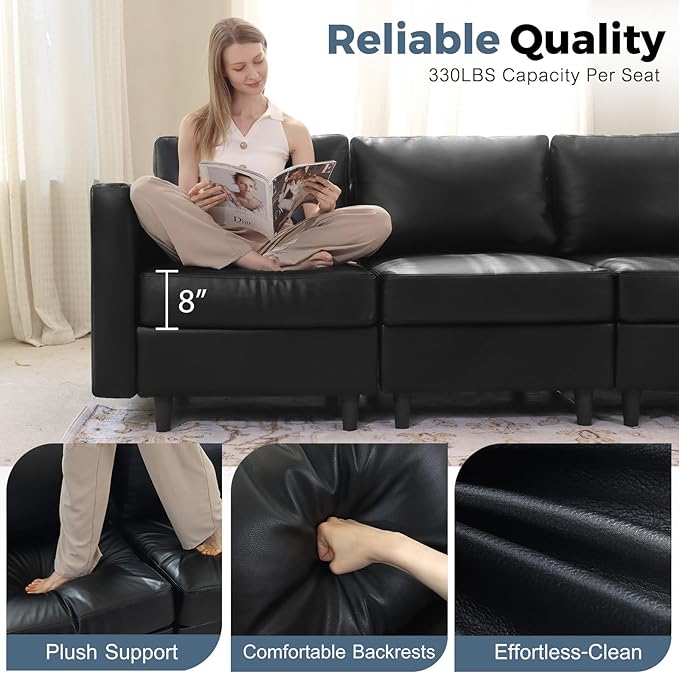 118.5" Luxury Modular Sleeper Sofa Bed with Storage Seat, 8 Seat Sectional Couch Deep Seat with Reversible Chaises & Removable Cover - Black Faux Leather