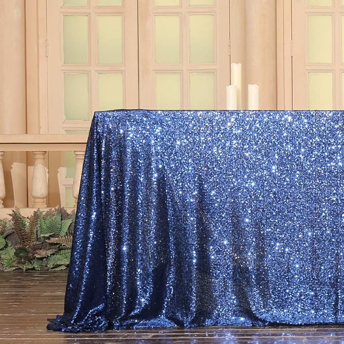 SquarePie Sequin Tablecloth Rectangular 90 x 132 Inch Navy Blue Bling Sparkly Table Linen for Wedding Party